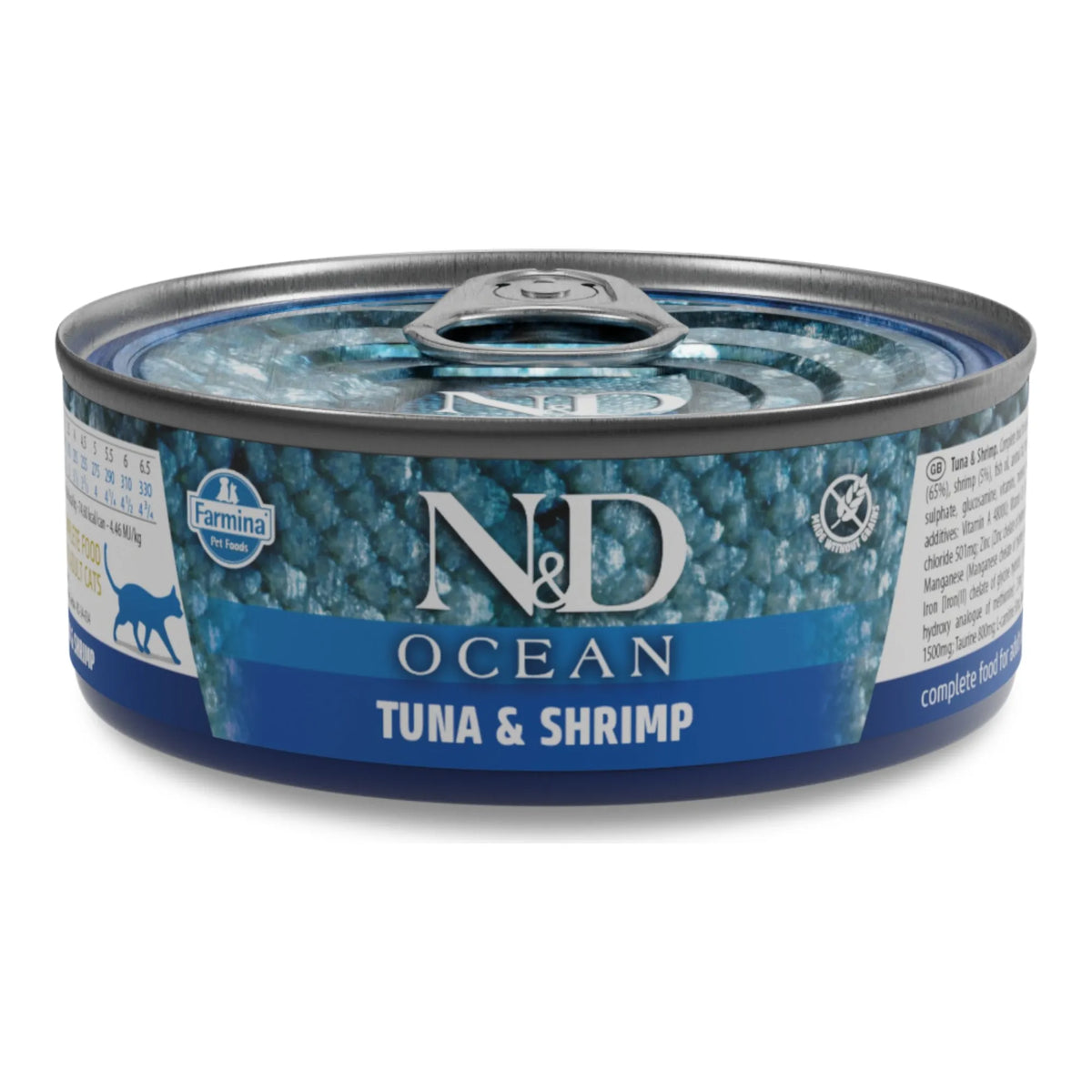 Lata de comida húmeda Farmina N&D Ocean de atún y gambas para gatos adultos.