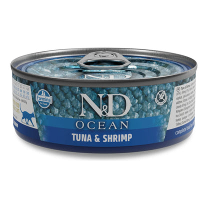 Lata de comida húmeda Farmina N&D Ocean de atún y gambas para gatos adultos.
