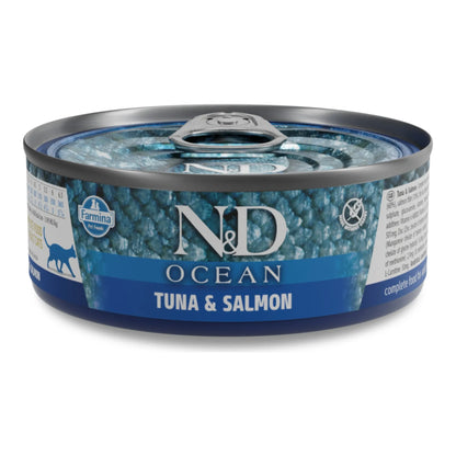 Lata de comida húmeda Farmina N&D Ocean de atún y salmón para gatos adultos.