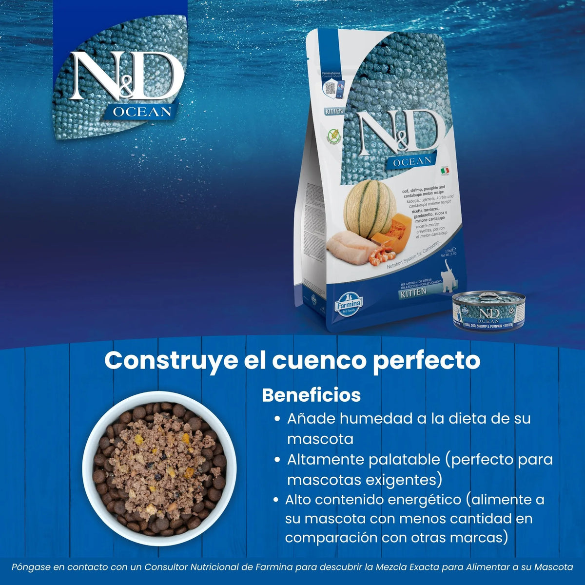 Bolsa de pienso seco N&D Ocean de otra receta, con una lata pequeña, en una composición de marketing.