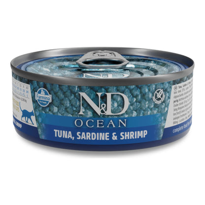 Lata de comida húmeda Farmina N&D Ocean de atún, sardina y gambas para gatos adultos.