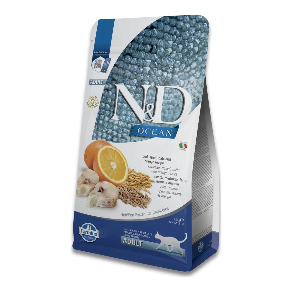 Bolsa de pienso para gatos bacalao Farmina N&D Ocean, vista lateral con las recetas en varios idiomas.