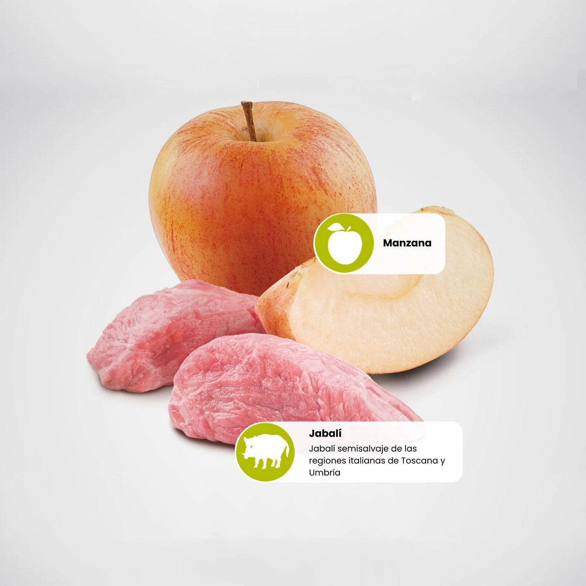 Fotografía de los ingredientes principales: manzana entera y cortada junto a carne cruda de jabalí.