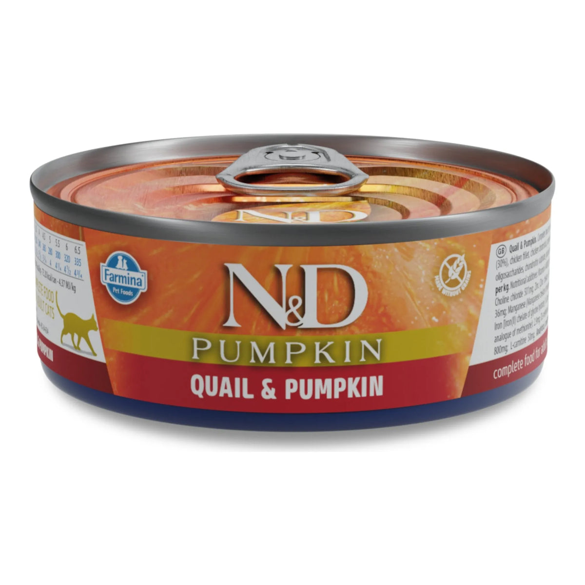 Lata de Farmina N&D Pumpkin con etiqueta de codorniz y calabaza, vista de frente.