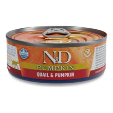 Lata de Farmina N&D Pumpkin con etiqueta de codorniz y calabaza, vista de frente.