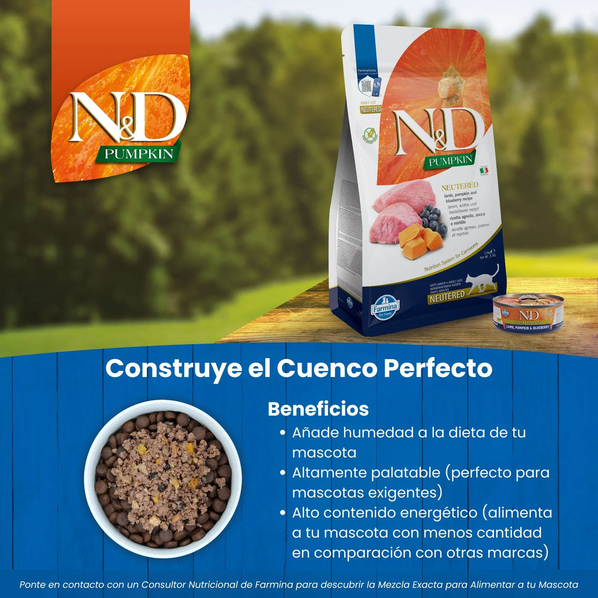 Fotografía publicitaria con una bolsa de pienso seco de la receta Neutered, distinta a esta lata de cordero.