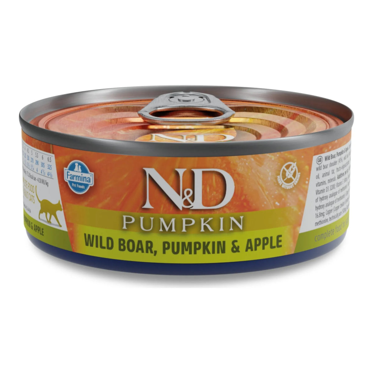 Lata de Farmina N&D Pumpkin con etiqueta de jabalí, calabaza y manzana, vista de frente.