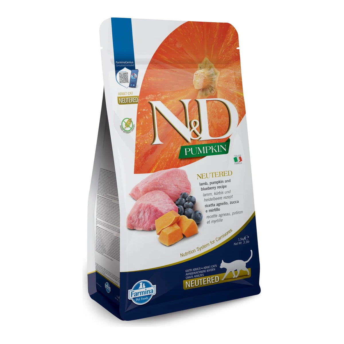 Bolsa de pienso Pumpkin gatos esterilizados Farmina N&D, vista lateral con las recetas en varios idiomas.