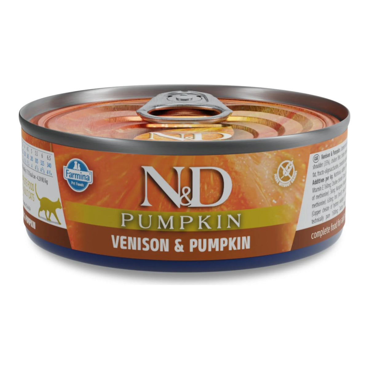 Lata de Farmina N&D Pumpkin con etiqueta de venado y calabaza, vista de frente.