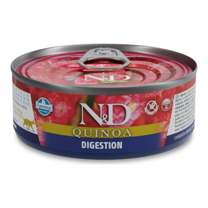 Lata cerrada de comida húmeda Farmina N&D Quinoa Digestion para gatos, vista frontal del envase.