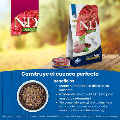 Bolsa de pienso seco Quinoa Digestion junto a una lata pequeña, imagen de la gama del fabricante.