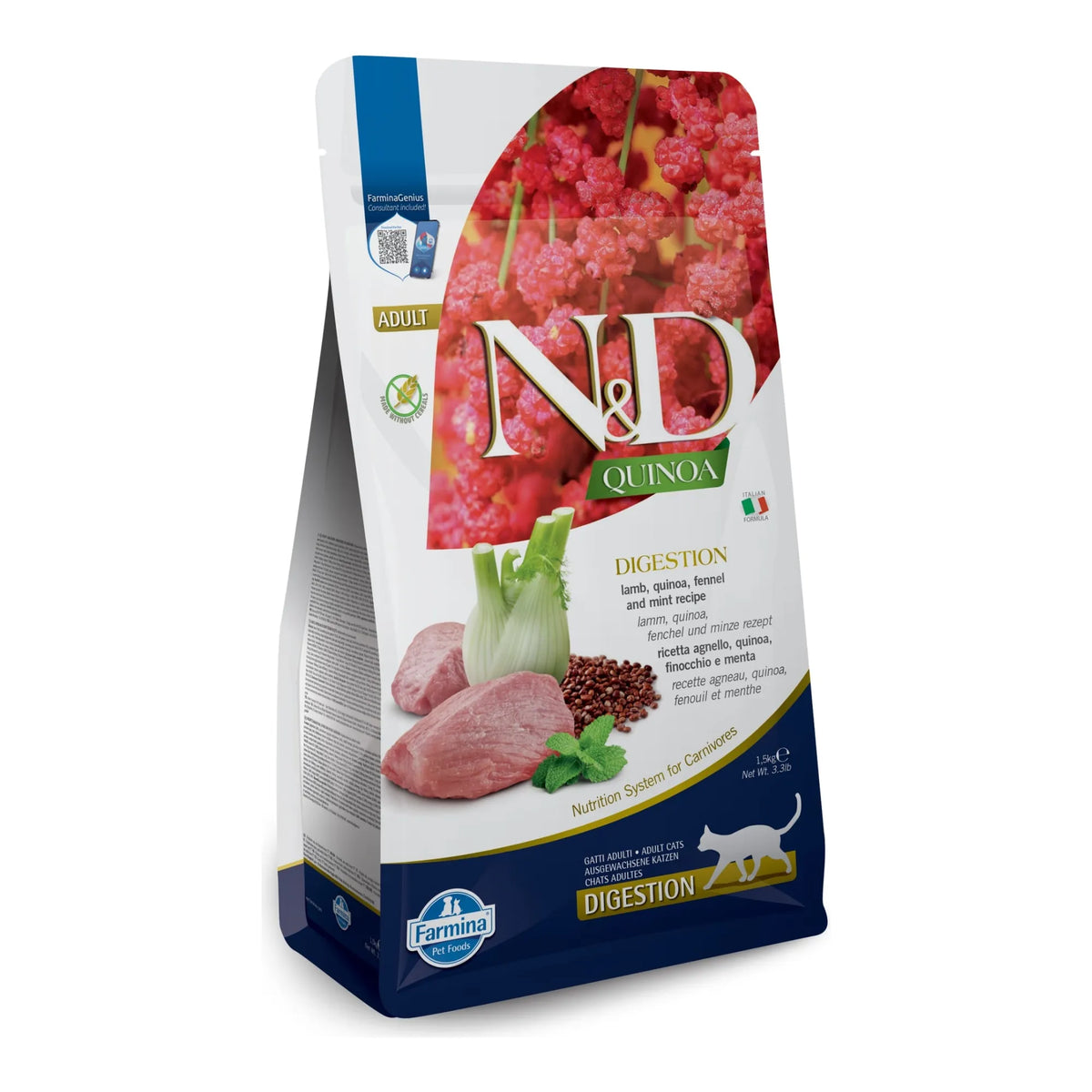 Bolsa de pienso Farmina N&D Quinoa Digestion de cordero para gatos, vista lateral