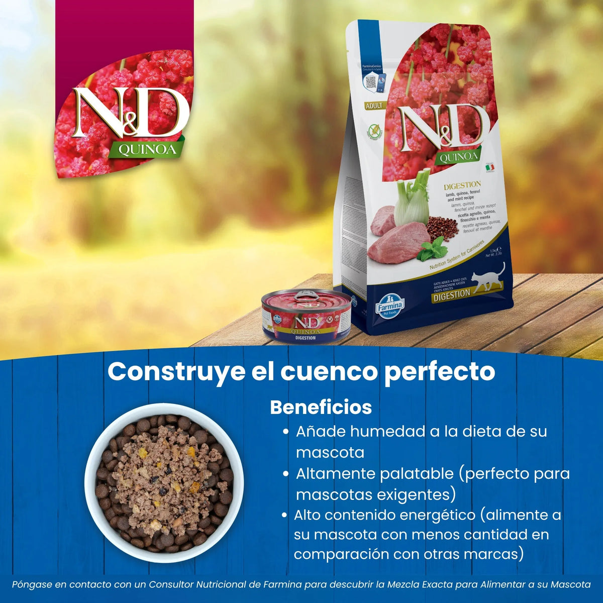 Bolsa de pienso Quinoa Digestion junto a una lata de la misma gama y un bol con croquetas