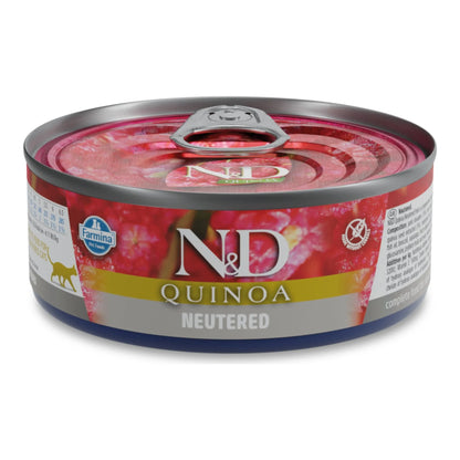 Lata cerrada de comida húmeda para gatos esterilizados Quinoa Neutered, vista frontal del envase.