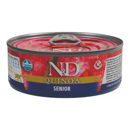 Lata cerrada de comida húmeda para gatos mayores Quinoa Senior, vista frontal del envase de Farmina.