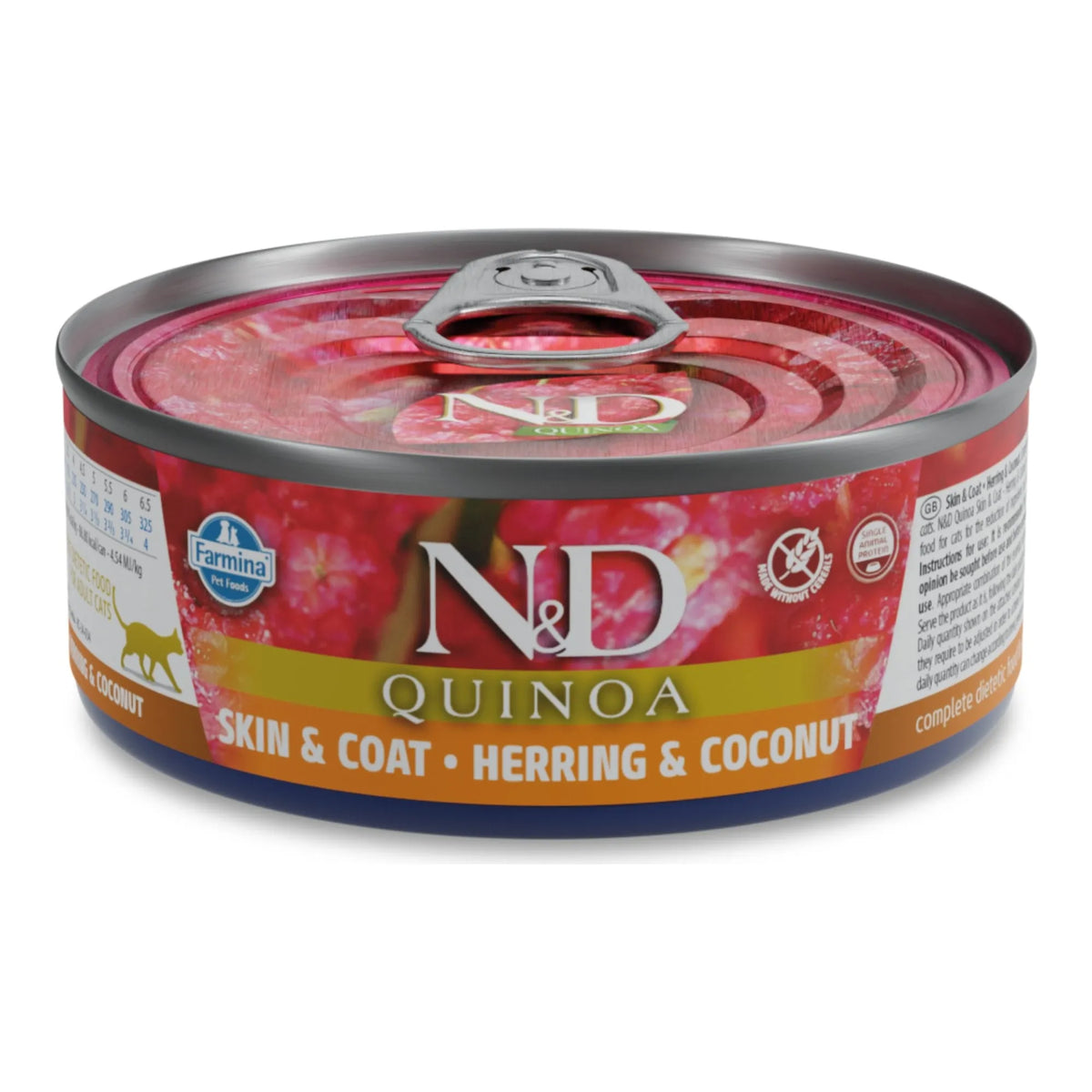 Lata cerrada de comida húmeda arenque gatos Quinoa Skin & Coat, vista frontal del envase.