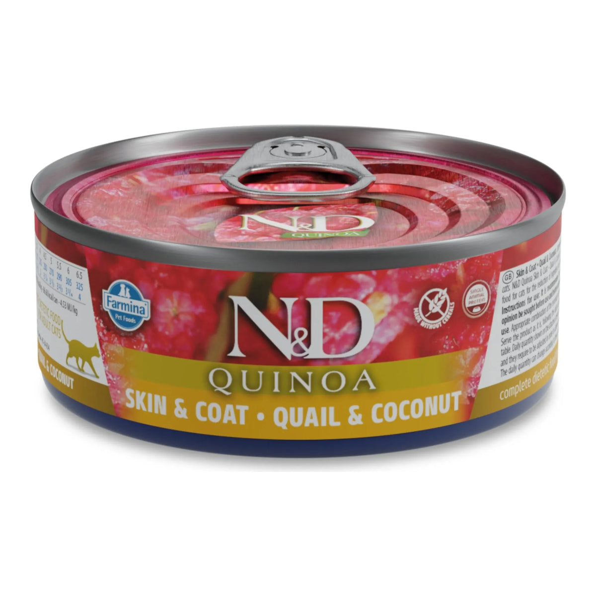 Lata cerrada de comida húmeda codorniz gatos Quinoa Skin & Coat, vista frontal del envase.