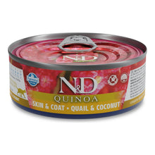 Lata cerrada de comida húmeda codorniz gatos Quinoa Skin & Coat, vista frontal del envase.