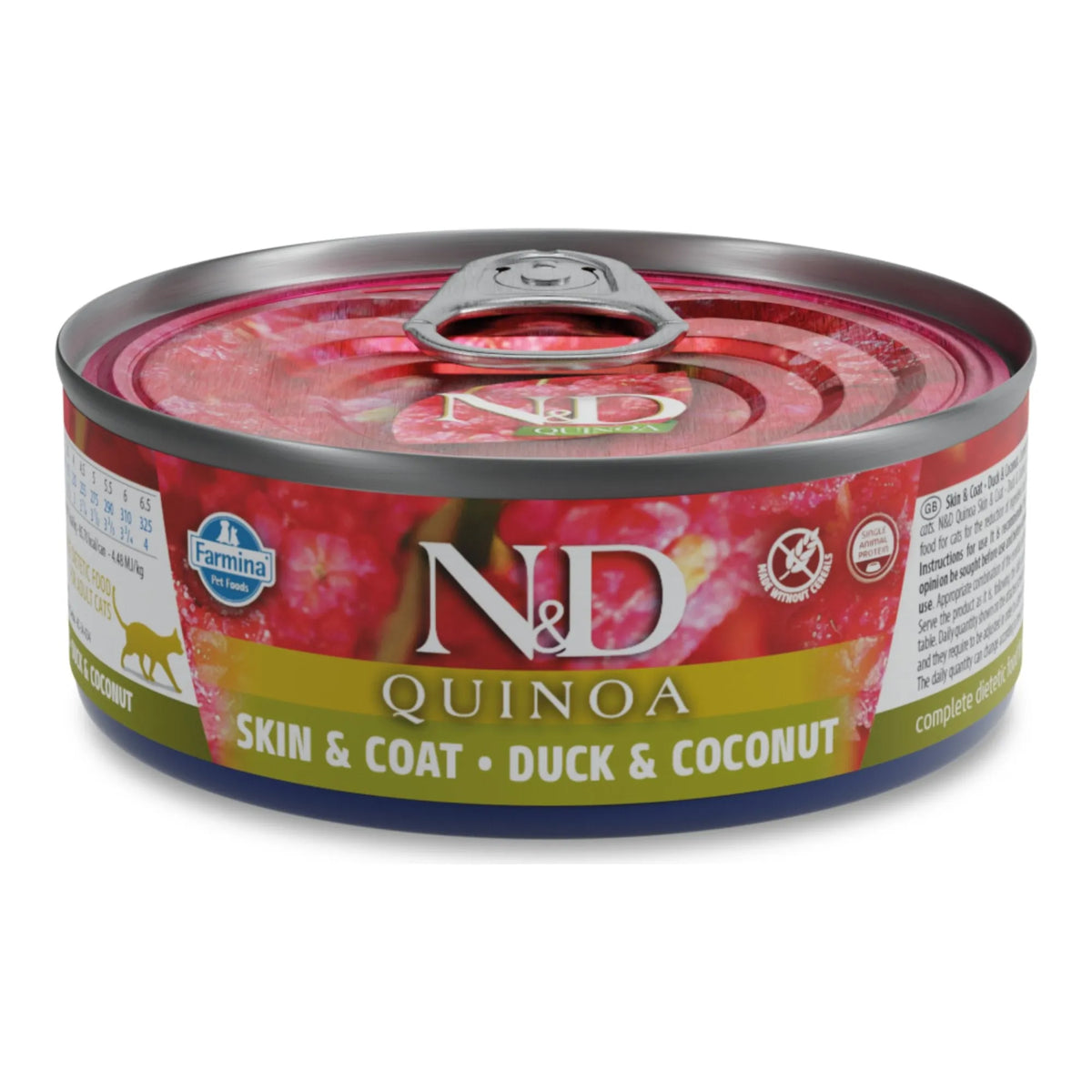 Lata cerrada de comida húmeda pato gatos Quinoa Skin & Coat, vista frontal del envase.