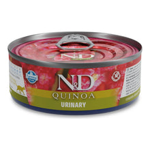 Lata cerrada de comida húmeda Farmina N&D Quinoa Urinary para gatos, vista frontal del envase.