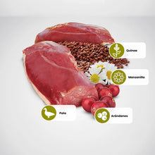 Ingredientes del pienso: quinoa, manzanilla, pato y arándanos rojos