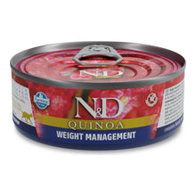 Lata cerrada de comida húmeda Farmina N&D Quinoa Weight Management para gatos, vista frontal del envase.
