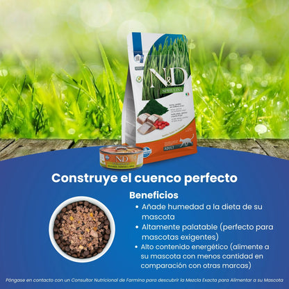 Bolsa del pienso gatos espirulina arenque junto a un bol de croquetas, sobre fondo de campo.
