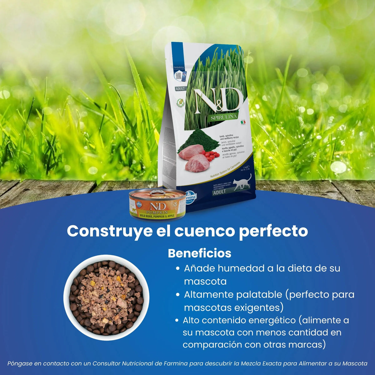Bolsa del pienso gatos espirulina cordero junto a un bol de croquetas, sobre fondo de campo.