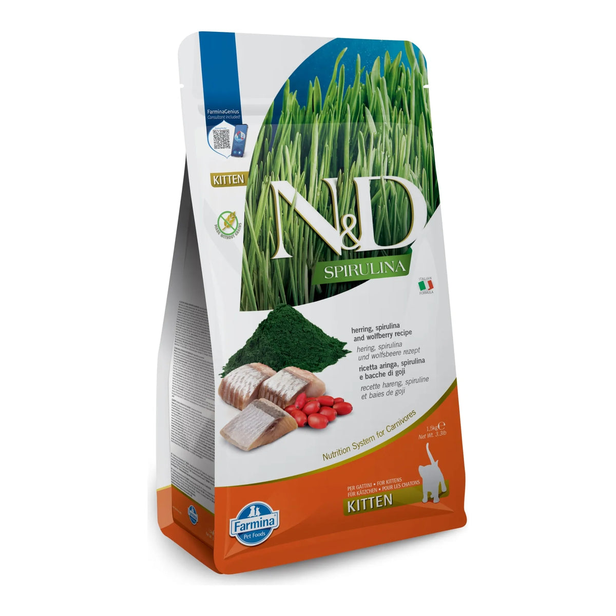 Bolsa de pienso gatitos espirulina arenque Farmina N&D, vista en ángulo con las recetas en varios idiomas.