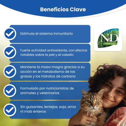 Infografía de beneficios de la línea N&D Spirulina, con una fotografía de una persona joven y un gato.