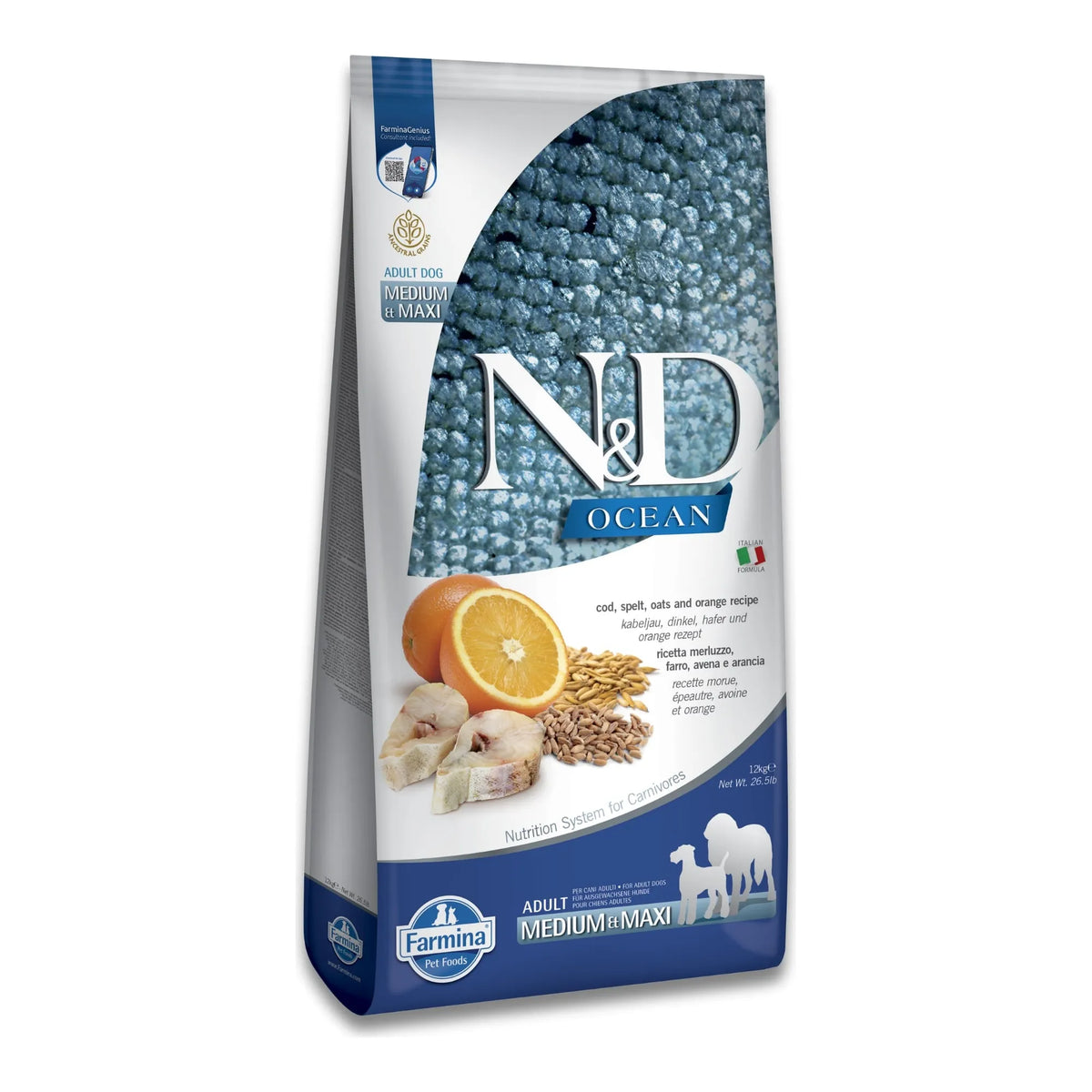 Saco de pienso Farmina bacalao maxi para perros adultos medianos y grandes