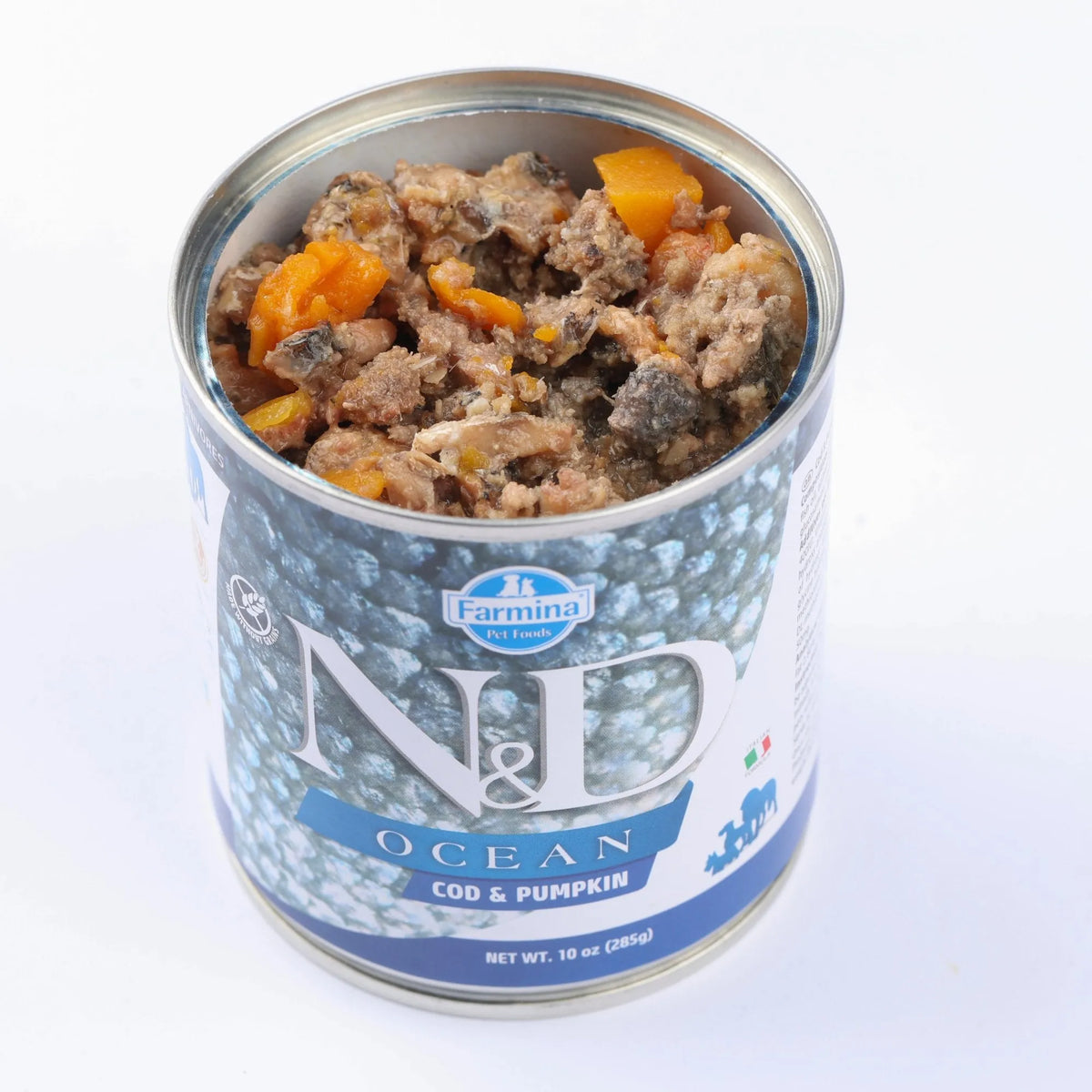 Lata abierta de comida húmeda bacalao calabaza mostrando el contenido con trozos de calabaza