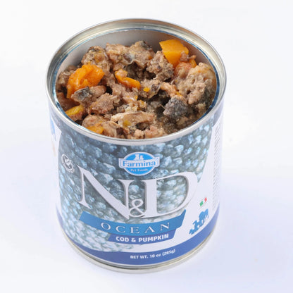 Lata abierta de comida húmeda bacalao calabaza mostrando el contenido con trozos de calabaza