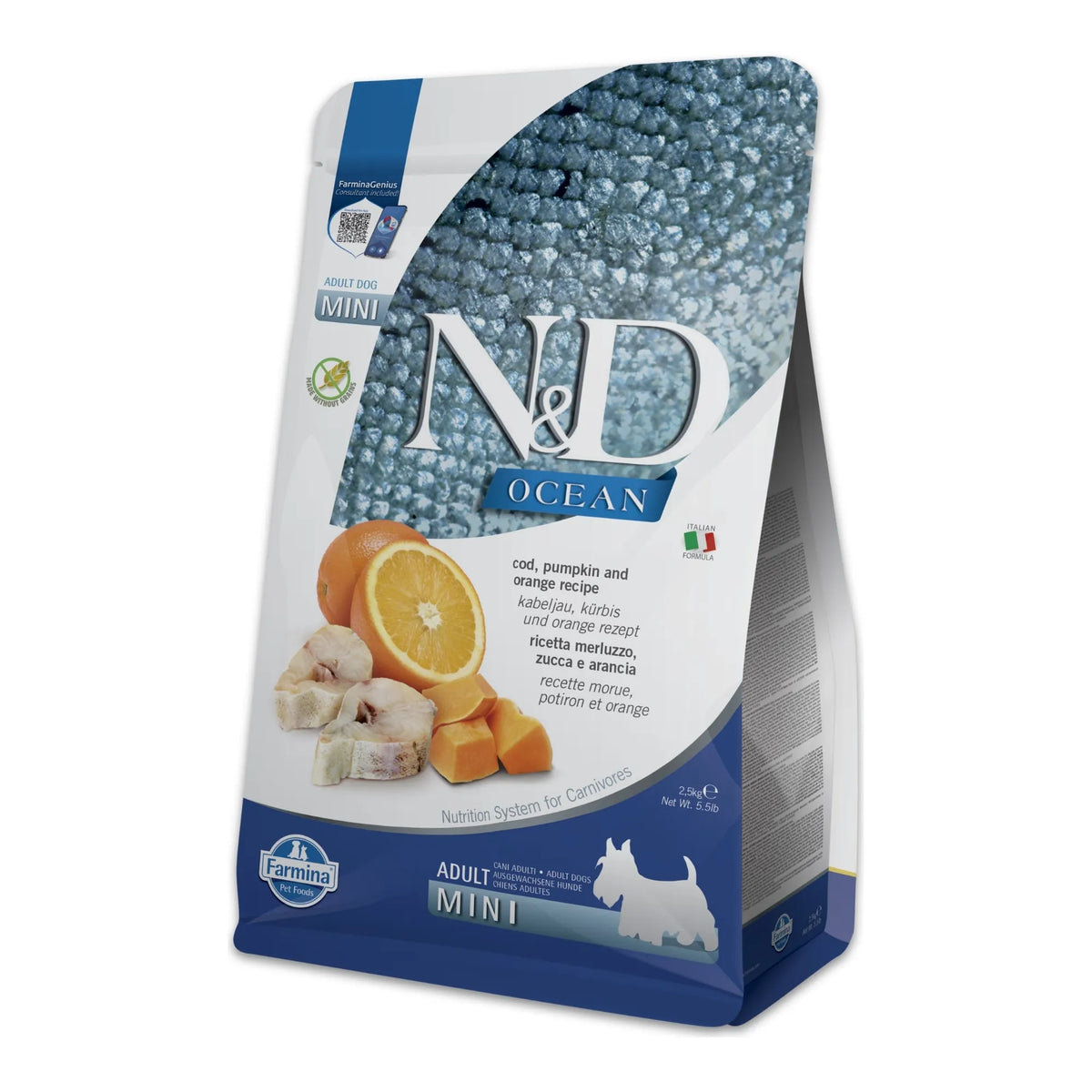 Frontal del envase de alimento seco completo de bacalao y calabaza sin cereales