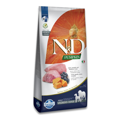 Envase frontal del pienso cordero perros medianos y grandes Farmina N&D Pumpkin