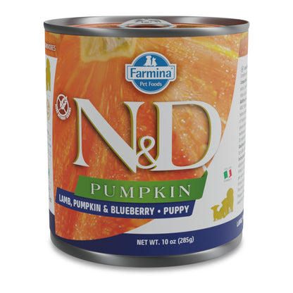 Lata de 285 gramos de Farmina N&D Pumpkin de cordero, calabaza y arándano para cachorros, vista de frente.