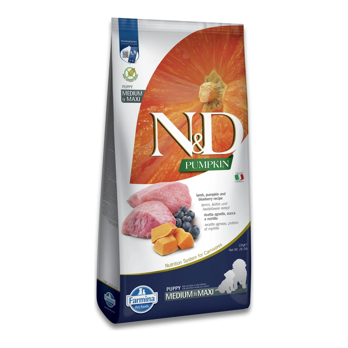 Envase frontal del pienso cachorro cordero maxi de Farmina N&D Pumpkin