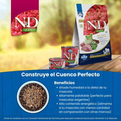 Composición de marca N&D Quinoa Digestion con bolsa de pienso seco y latas de comida húmeda