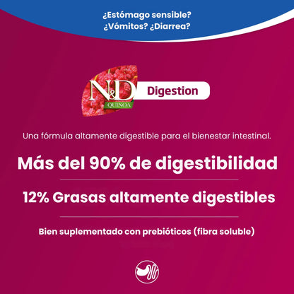 Envase de pienso Farmina N&D Quinoa Digestion con cordero visto de frente