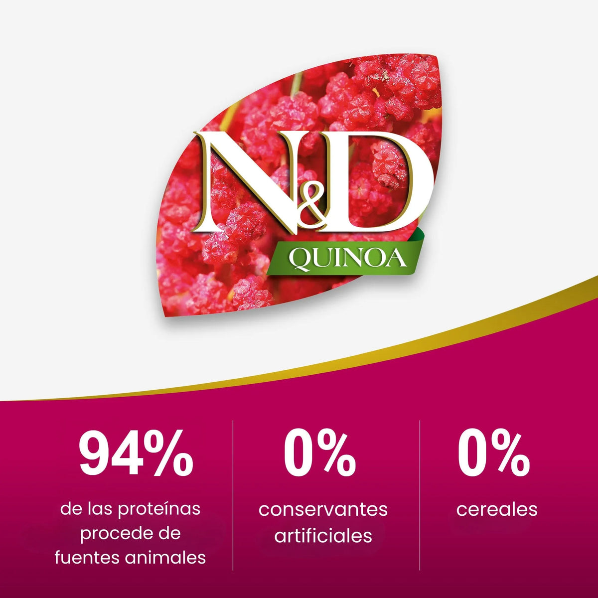Sello de la línea N&D Quinoa en el envase del pienso Farmina esterilizados pato