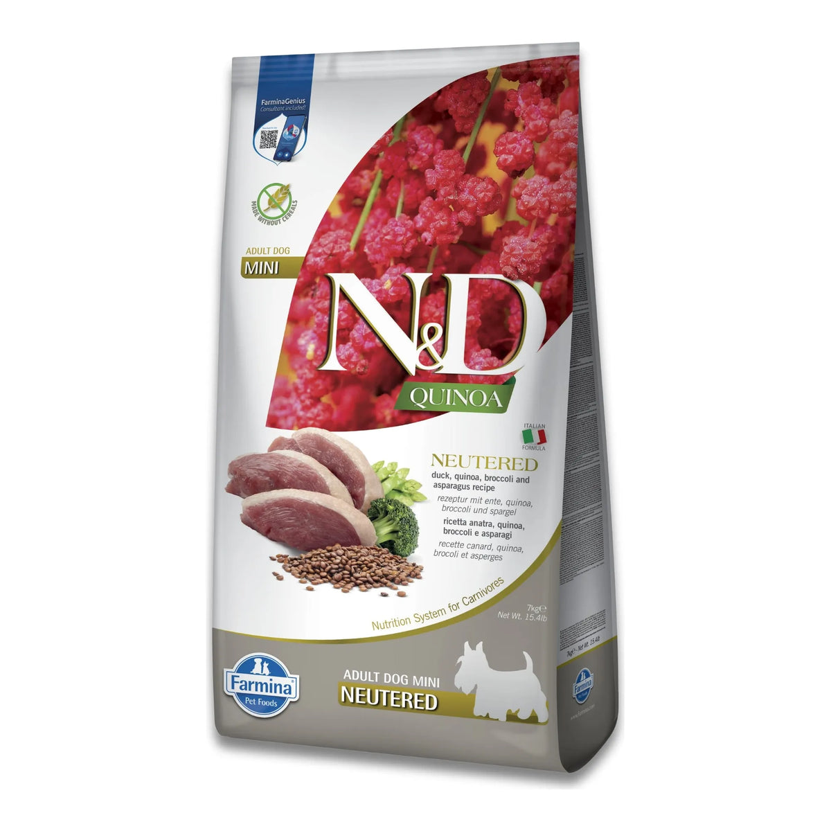 Frontal del saco de pienso Farmina N&D Quinoa Neutered Mini para perros esterilizados
