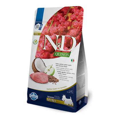 Frontal del saco de pienso Farmina N&D Quinoa Senior Mini para perros mayores de razas pequeñas