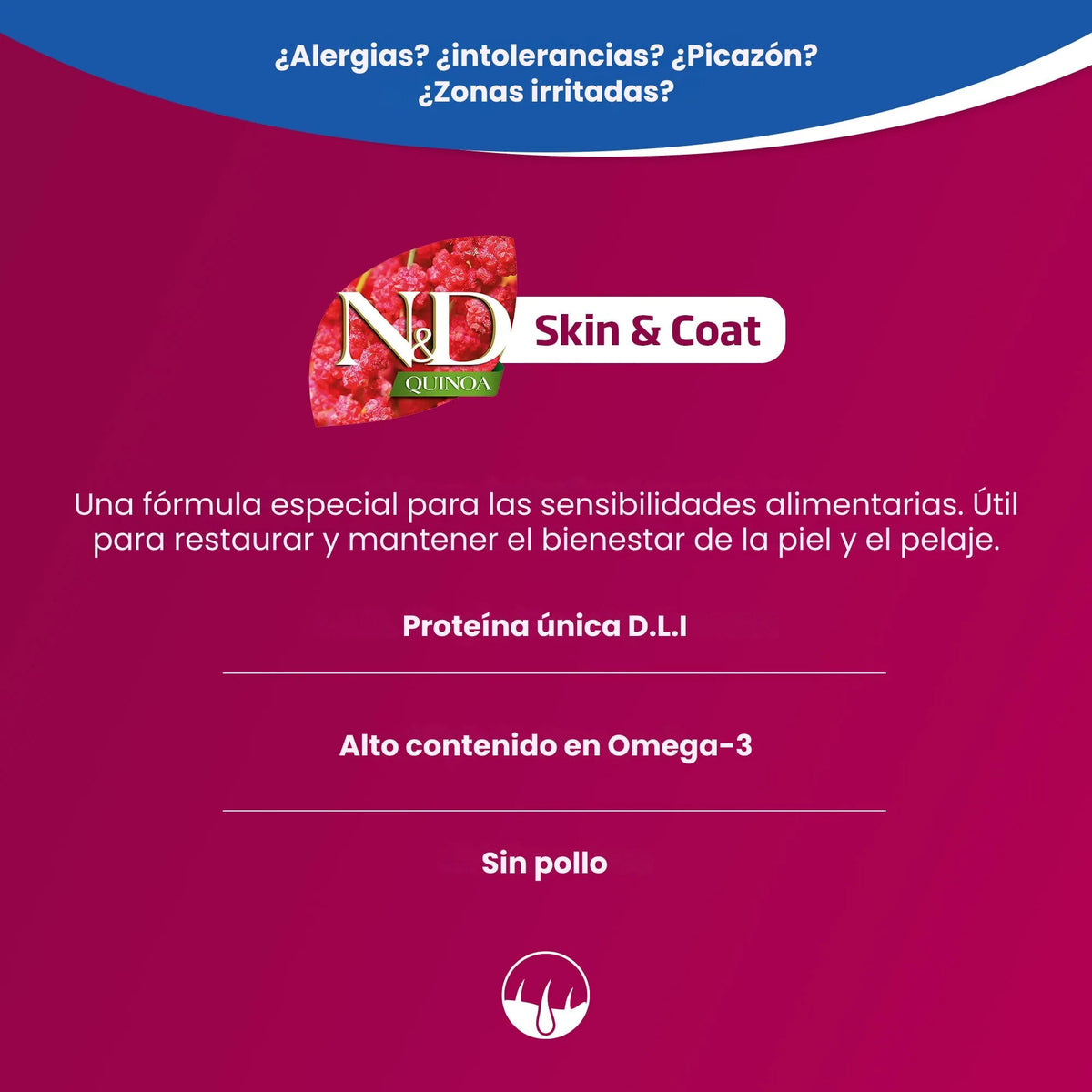 Envase frontal de alimento seco completo N&D Quinoa Skin and Coat