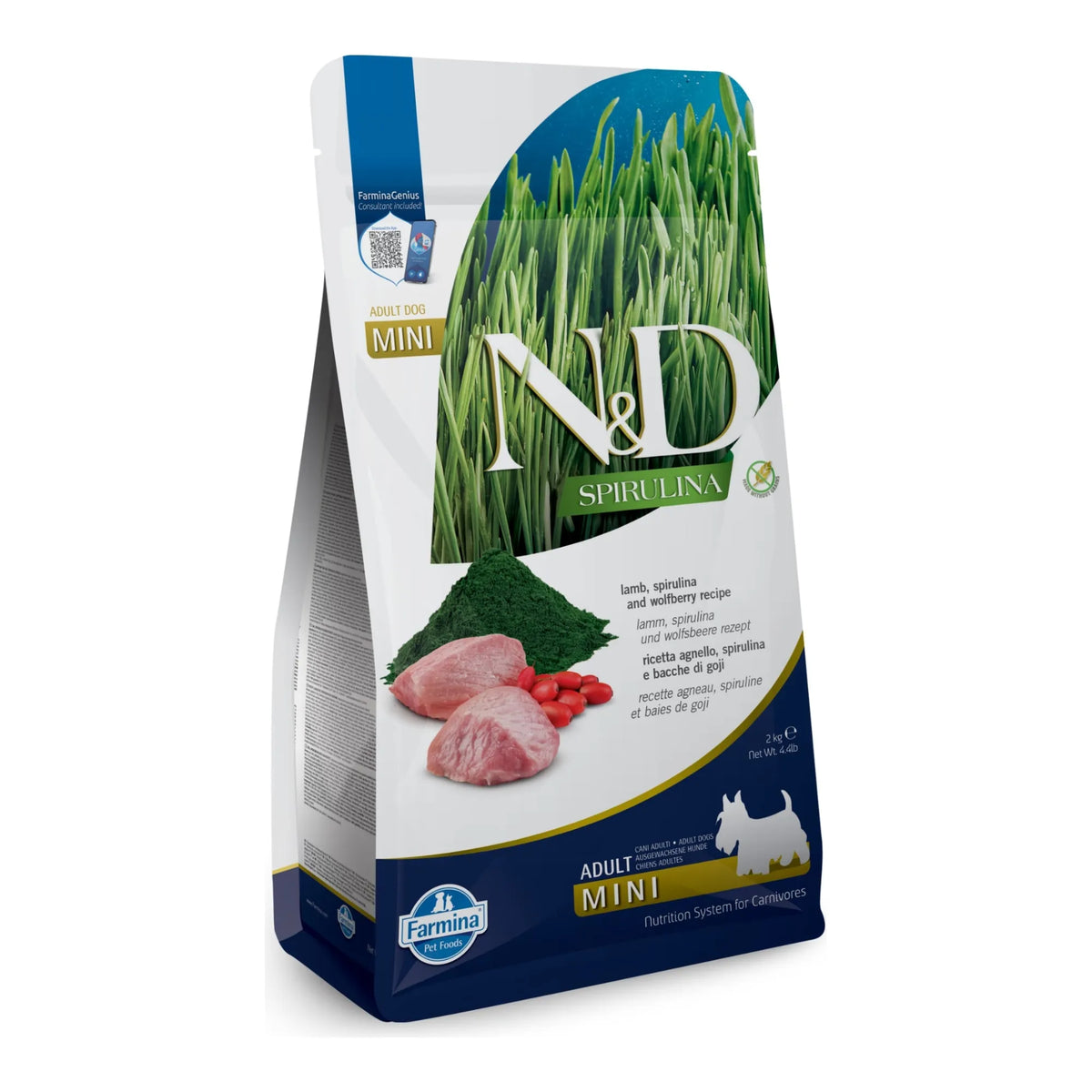 Saco de pienso espirulina cordero mini de Farmina N&D Spirulina Adult Mini, vista frontal