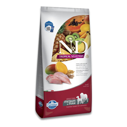 Bolsa alta del pienso Tropical pollo maxi de Farmina N&D para perros medianos y grandes