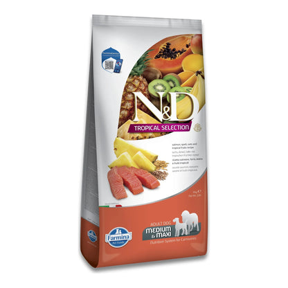 Bolsa alta de Farmina N&D con piña y pescado ilustrados, para perros medianos y grandes