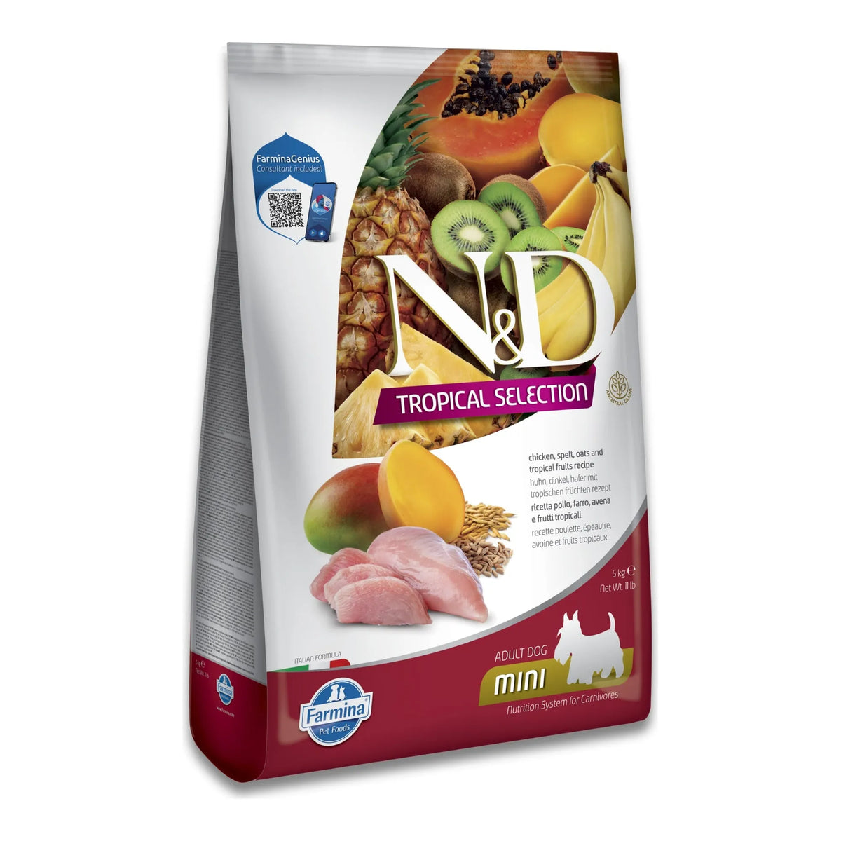 Bolsa grande del pienso Tropical pollo mini sobre fondo blanco, con el formato adulto Mini