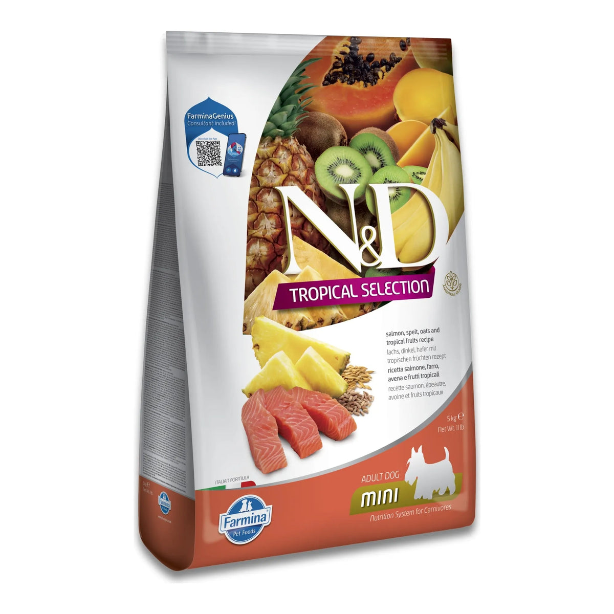 Bolsa grande del pienso Tropical salmón mini de Farmina N&D con ilustración de piña