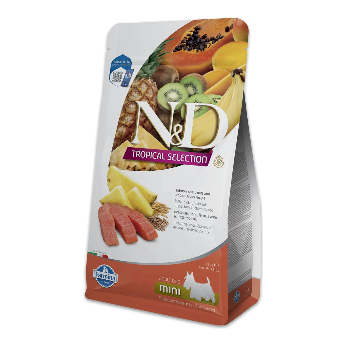 Saco pequeño de Farmina N&D con piña y pescado dibujados, formato adulto
