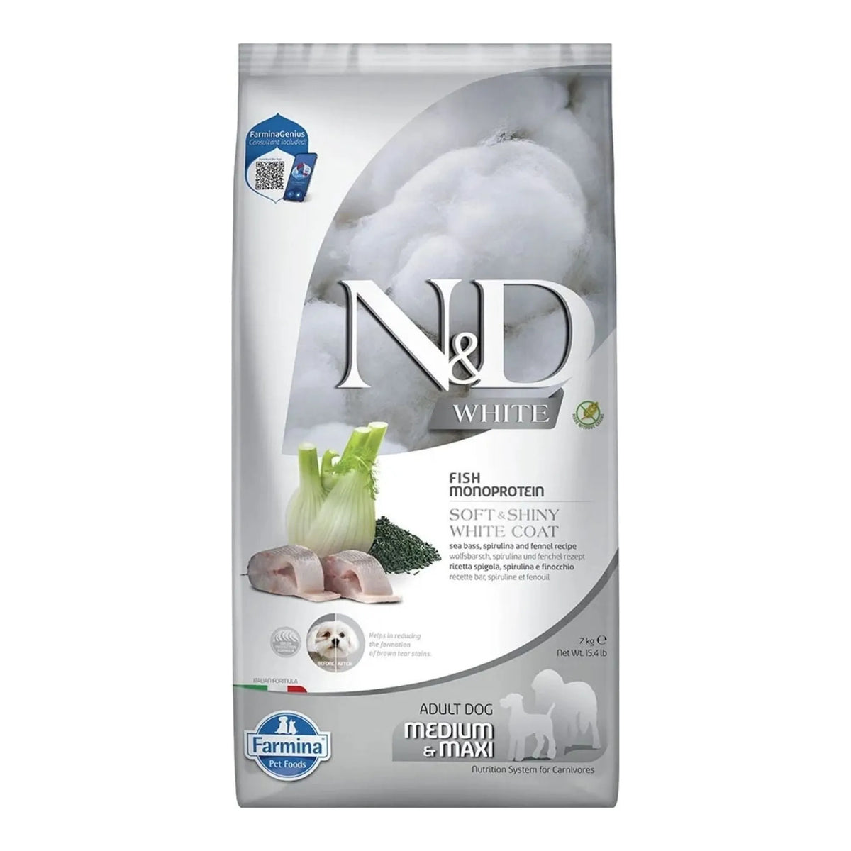 Bolsa alta del pienso Farmina White maxi de lubina, espirulina e hinojo para perros grandes